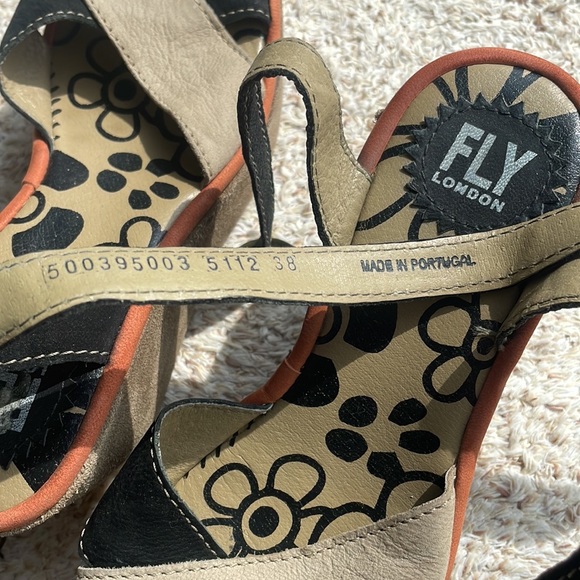 Fly London suede & leather sandals. Tan & black w/ orange accents. EU38 or 7 US - Picture 2 of 4